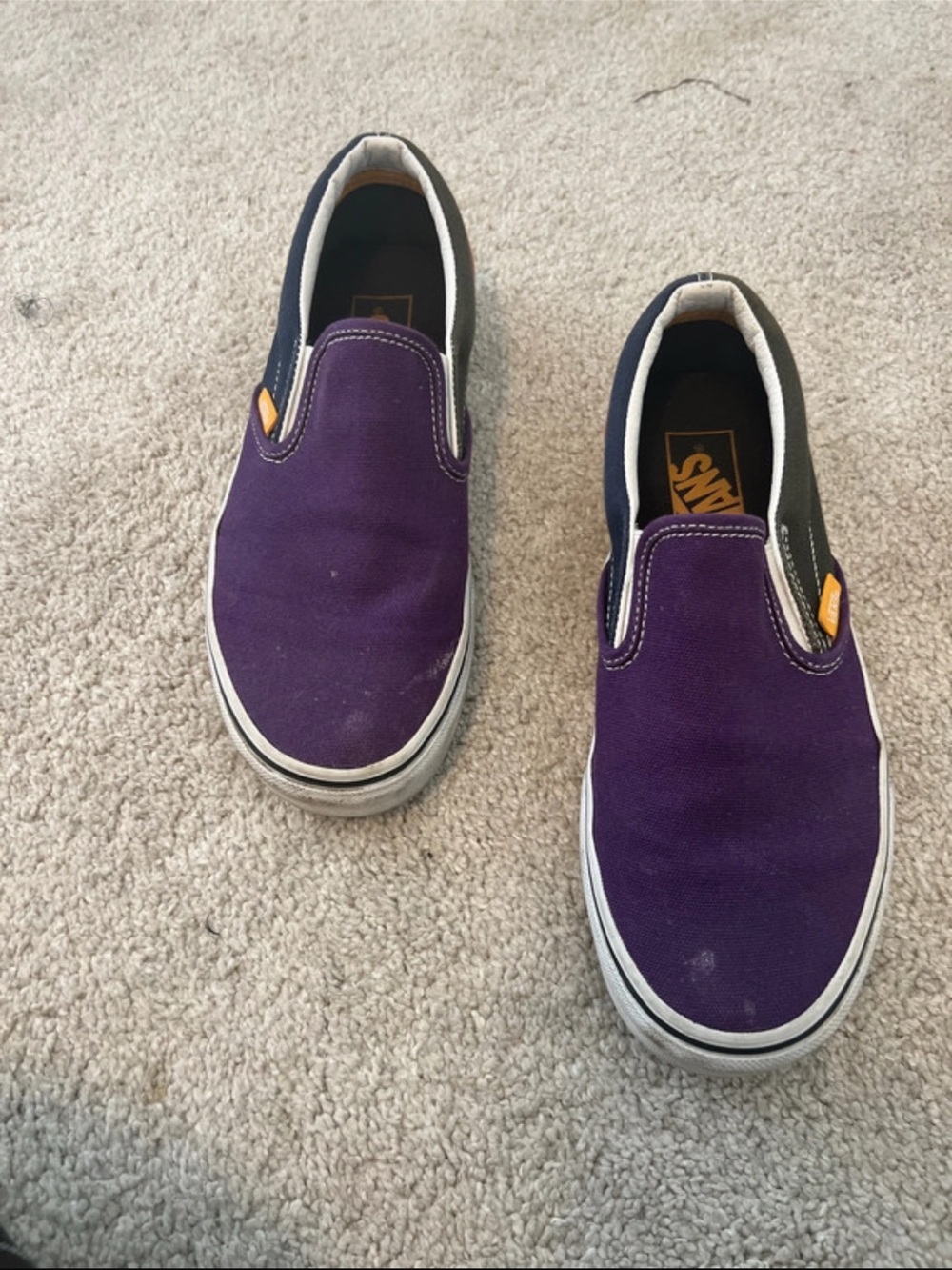 Vans Slip-On Sneakers in Purple and Black with Orange Tag